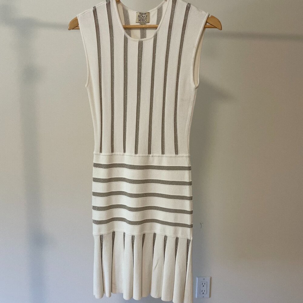Torn By Ronny Kobo White Striped Pleated Sleeveless Dress, Small, New $75